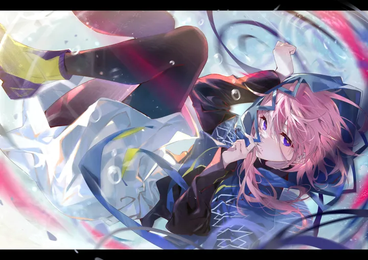 1girl,virtual_youtuber,hood,solo,multicolored_eyes,jacket,capelet,hooded_capelet,parted_lips,hood_up,horizontal,bubble,letterboxed,looking_at_viewer,skirt,pink_hair,purple_eyes,blue_eyes,hooded_jacket,pantyhose,long_hair,long_sleeves,boots,yellow_pupils,yellow_footwear,black_pantyhose