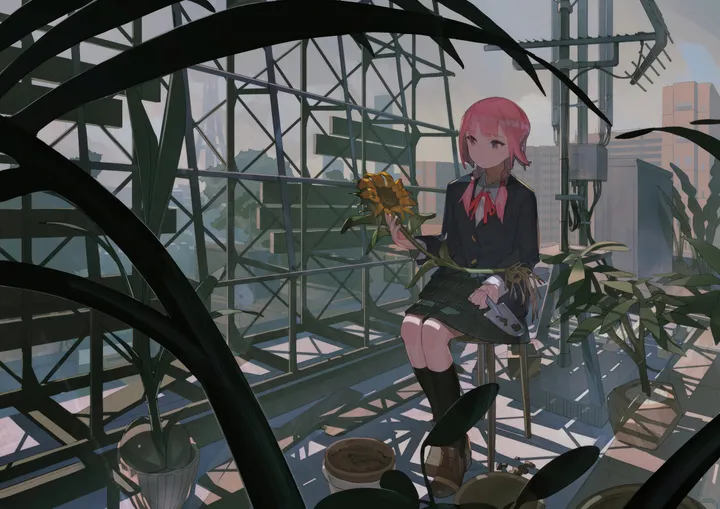 1girl,virtual_youtuber,braid,ribbon,loafers,bangs,solo,kneehighs,sunflower,closed_mouth,sitting,jacket,building,outdoors,holding,holding_flower,collared_shirt,school_uniform,plaid,plaid_skirt,brown_footwear,chair,plant,horizontal,white_shirt,potted_plant,short_hair,skirt,pink_hair,red_ribbon,shirt,socks,long_sleeves,shoes,neck_ribbon,flower,yellow_pupils,black_jacket,black_socks