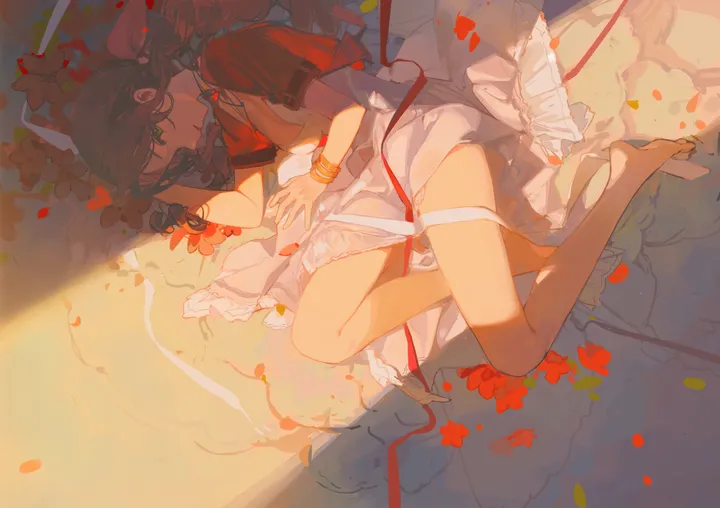 1girl,braid,ribbon,breasts,cleavage,on_side,solo,hair_ribbon,jacket,bracelet,brown_hair,horizontal,jewelry,white_dress,cropped_jacket,red_jacket,green_eyes,petals,bare_legs,barefoot,lying,dress,long_hair,flower