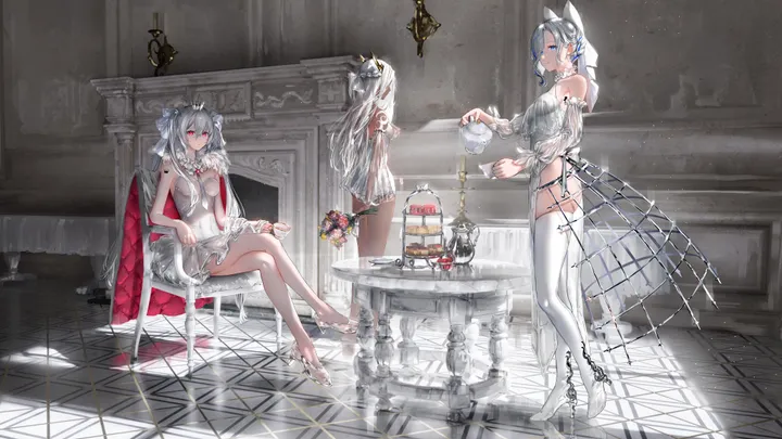 3girls,detached_sleeves,medium_breasts,breasts,crossed_legs,full_body,tiered_tray,bangs,see-through,reflective_floor,reflection,garter_straps,sitting,multiple_girls,hair_ornament,indoors,holding,cup,table,chair,horizontal,candlestand,bottle,white_hair,white_dress,white_footwear,crown,looking_at_viewer,short_hair,standing,red_eyes,teapot,blue_hair,blue_eyes,candle,barefoot,large_breasts,thighhighs,dress,see-through_dress,mirror,long_hair,bare_shoulders,food,high_heels,flower