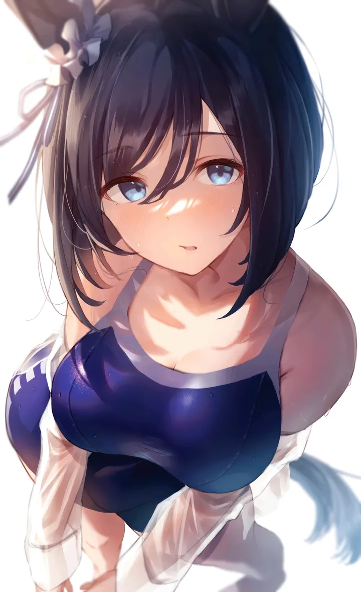 1girl,one-piece_swimsuit,ribbon,medium_hair,breasts,cleavage,from_above,animal_ears,bangs,see-through,solo,tail,hair_between_eyes,open_mouth,parted_lips,scrunchie,depth_of_field,simple_background,blurry,foreshortening,school_swimsuit,swimsuit,white_scrunchie,white_background,white_shirt,looking_at_viewer,short_hair,vertical,standing,ear_ribbon,taut_clothes,blush,blue_eyes,blue_one-piece_swimsuit,shirt,wet_swimsuit,wet_clothes,wet_shirt,wet,open_clothes,open_shirt,competition_school_swimsuit,leaning_forward,large_breasts,backlighting,swimsuit_under_clothes,collarbone,long_sleeves,bare_shoulders,off_shoulder,horse_girl,horse_tail,horse_ears,black_hair