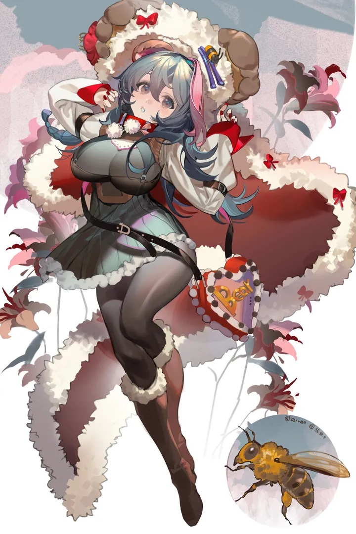 1girl,breasts,hood,full_body,animal_ears,bangs,solo,knee_boots,hair_between_eyes,parted_lips,cape,brown_footwear,fur_trim,fur-trimmed_boots,belt,looking_at_viewer,vertical,blush,blue_hair,blue_eyes,bug,large_breasts,dress,pantyhose,long_hair,long_sleeves,boots,black_pantyhose