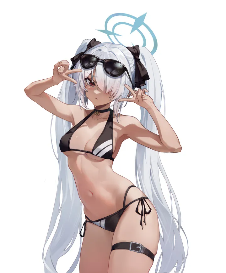 1girl,cowboy_shot,side-tie_bikini_bottom,ribbon,medium_breasts,arms_up,breasts,bangs,solo,hands_up,double_v,twintails,closed_mouth,sunglasses,thighs,thigh_strap,halo,hair_ribbon,hair_over_one_eye,stomach,very_long_hair,simple_background,v,bikini,swimsuit,dark_skin,grey_hair,white_hair,white_background,looking_at_viewer,eyewear_on_head,vertical,string_bikini,red_eyes,navel,blush,armpits,bow,hair_bow,bare_arms,collarbone,long_hair,bare_shoulders,choker,dark-skinned_female,black_ribbon,black_bikini,black_bow,black_choker