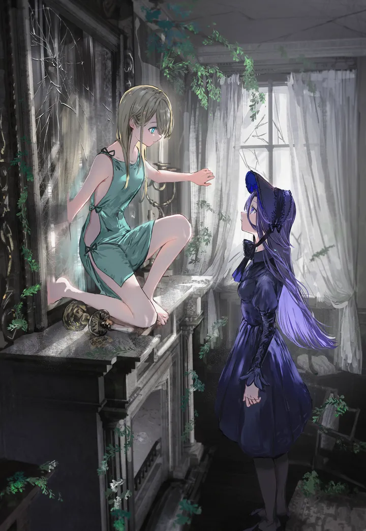 2girls,bangs,bonnet,closed_mouth,multiple_girls,indoors,ruins,sleeveless_dress,juliet_sleeves,looking_at_another,eye_contact,window,curtains,vertical,standing,purple_hair,purple_eyes,green_dress,blue_eyes,blue_dress,puffy_sleeves,bare_arms,barefoot,dress,pantyhose,blonde_hair,long_hair,long_sleeves,black_dress,black_footwear