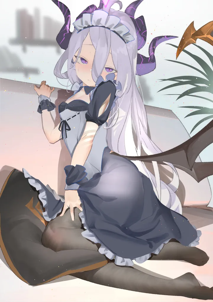 1girl,breasts,bangs,solo,ahoge,closed_mouth,apron,halo,maid,maid_headdress,enmaided,ass,hair_between_eyes,very_long_hair,demon_girl,demon_wings,demon_horns,multiple_horns,pillow,white_hair,looking_at_viewer,short_sleeves,alternate_costume,vertical,wrist_cuffs,purple_eyes,wings,blush,low_wings,frills,puffy_short_sleeves,puffy_sleeves,horns,small_breasts,dress,pantyhose,long_hair,black_dress,black_pantyhose