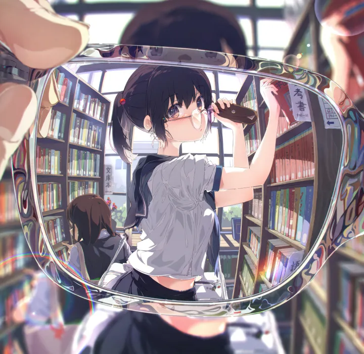 2girls,book,bookshelf,from_side,bangs,blurry_foreground,solo_focus,reflection,library,multiple_girls,hair_ornament,indoors,open_mouth,midriff_peek,adjusting_eyewear,holding,holding_book,depth_of_field,school_uniform,brown_hair,brown_eyes,blurry,serafuku,sailor_collar,white_shirt,pleated_skirt,looking_at_viewer,glasses,short_hair,short_sleeves,skirt,vertical,pov,blush,shirt,midriff,ponytail,black_hair