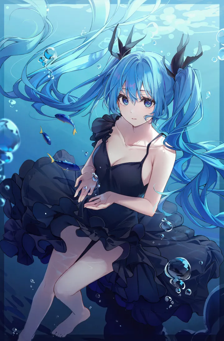 1girl,ribbon,medium_breasts,breasts,cleavage,bangs,solo,twintails,closed_mouth,hair_ribbon,hair_between_eyes,very_long_hair,sleeveless,sleeveless_dress,air_bubble,underwater,bubble,looking_at_viewer,vertical,frilled_dress,blue_hair,blue_eyes,bare_legs,bare_arms,barefoot,dress,collarbone,long_hair,bare_shoulders,floating_hair,fish,black_ribbon,black_dress