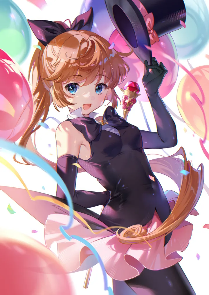 1girl,cowboy_shot,ribbon,breasts,bangs,solo,arm_behind_back,hair_ribbon,hat,confetti,open_mouth,very_long_hair,gloves,holding_hat,holding,holding_clothes,headwear_removed,hat_removed,sleeveless,brown_hair,orange_hair,balloon,white_background,looking_at_viewer,skirt,vertical,smile,pink_skirt,blue_eyes,bow,shirt,small_breasts,pantyhose,long_hair,elbow_gloves,bare_shoulders,bowtie,ponytail,top_hat,magical_girl,black_headwear,black_gloves,black_bow,black_pantyhose