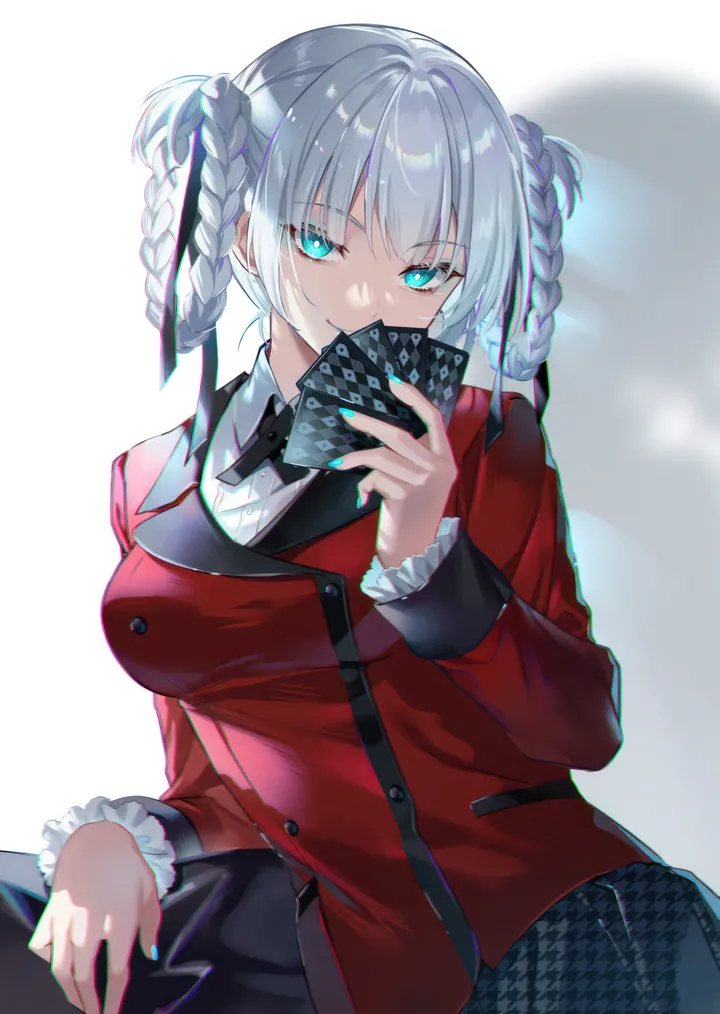 1girl,braid,ribbon,twin_braids,breasts,bangs,houndstooth,solo,card,sitting,hair_ribbon,jacket,holding_card,playing_card,holding,nail_polish,collared_shirt,simple_background,school_uniform,aqua_nails,aqua_eyes,grey_hair,white_hair,white_background,white_shirt,pleated_skirt,looking_at_viewer,skirt,vertical,smile,red_jacket,blue_eyes,shirt,blazer,large_breasts,long_sleeves,hair_rings,black_skirt