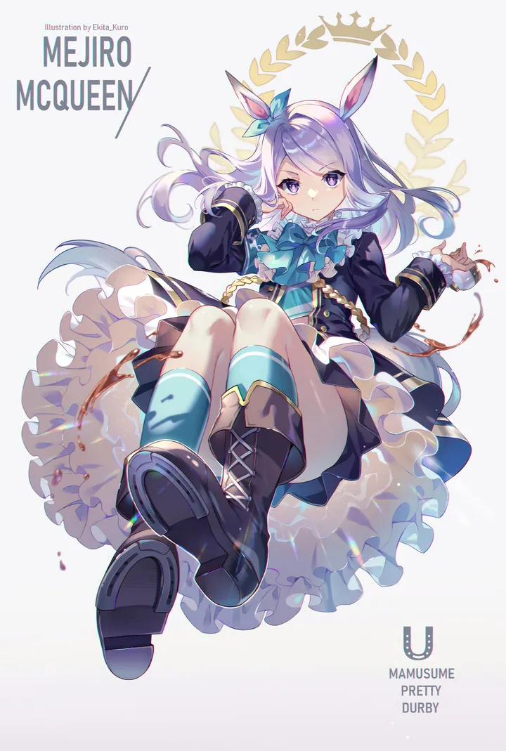 1girl,ribbon,full_body,animal_ears,bangs,solo,character_name,closed_mouth,jacket,tail,swept_bangs,simple_background,cup,white_background,looking_at_viewer,skirt,vertical,ear_ribbon,ear_bow,purple_hair,purple_eyes,frills,teacup,blue_socks,bow,socks,long_hair,long_sleeves,boots,cross-laced_footwear,shoe_soles,horse_girl,horse_tail,horse_ears,black_jacket,black_skirt,black_footwear