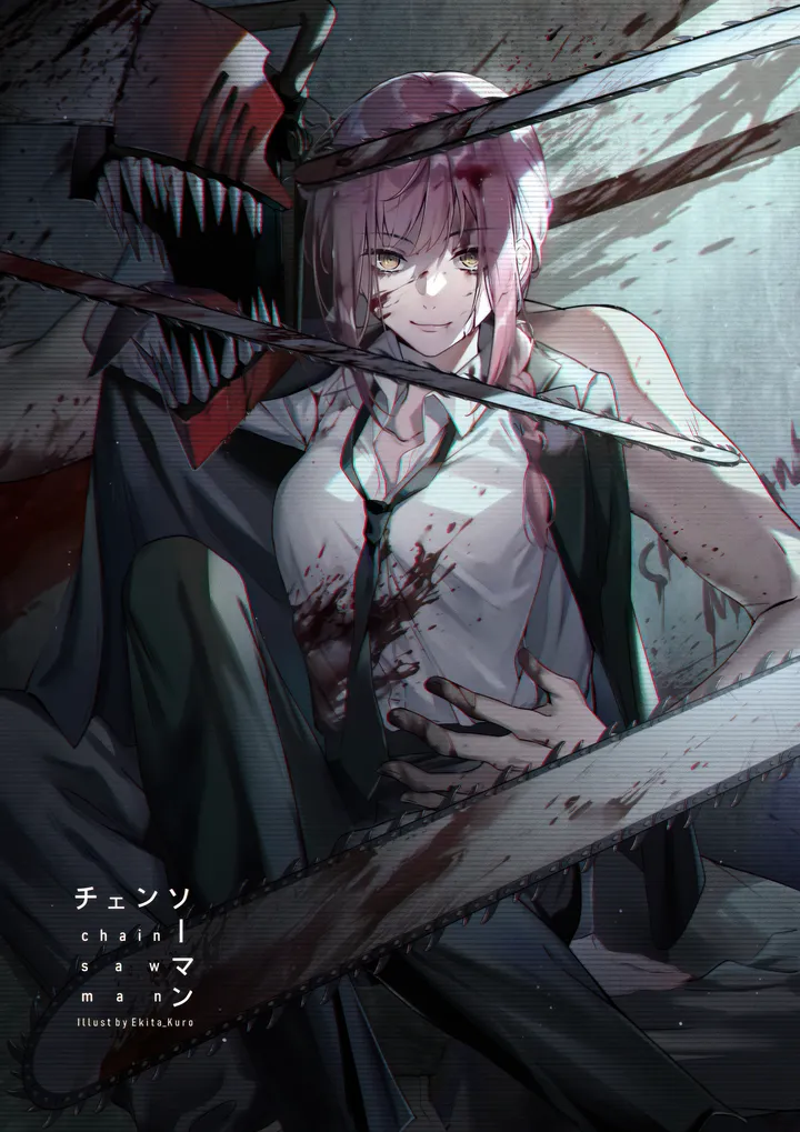 1girl,1boy,braid,medium_breasts,medium_hair,breasts,cleavage,bangs,ringed_eyes,sitting,jacket,office_lady,blood_on_hands,blood_on_arm,business_suit,collared_shirt,formal,weapon,blood_on_weapon,teeth,white_shirt,looking_at_viewer,vertical,smile,red_hair,blood_on_face,blood,blood_splatter,blood_on_clothes,shirt,shirt_tucked_in,pants,suit,chainsaw,necktie,sharp_teeth,braided_ponytail,yellow_eyes,black_pants,black_necktie