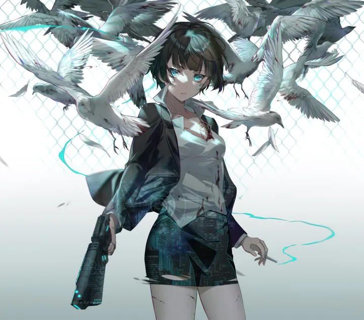 1girl,cowboy_shot,breasts,bangs,solo,injury,smoking,jacket,parted_lips,holding_cigarette,holding_weapon,handgun,holding_gun,holding,collared_shirt,gun,fence,weapon,smoke,white_background,white_shirt,dove,belt,looking_at_viewer,short_hair,skirt,torn_clothes,vertical,standing,feathers,blood_on_face,blue_eyes,blood,blood_on_clothes,shirt,open_jacket,open_clothes,miniskirt,chain-link_fence,pencil_skirt,collarbone,long_sleeves,cigarette,bird,black_hair,black_jacket,black_skirt