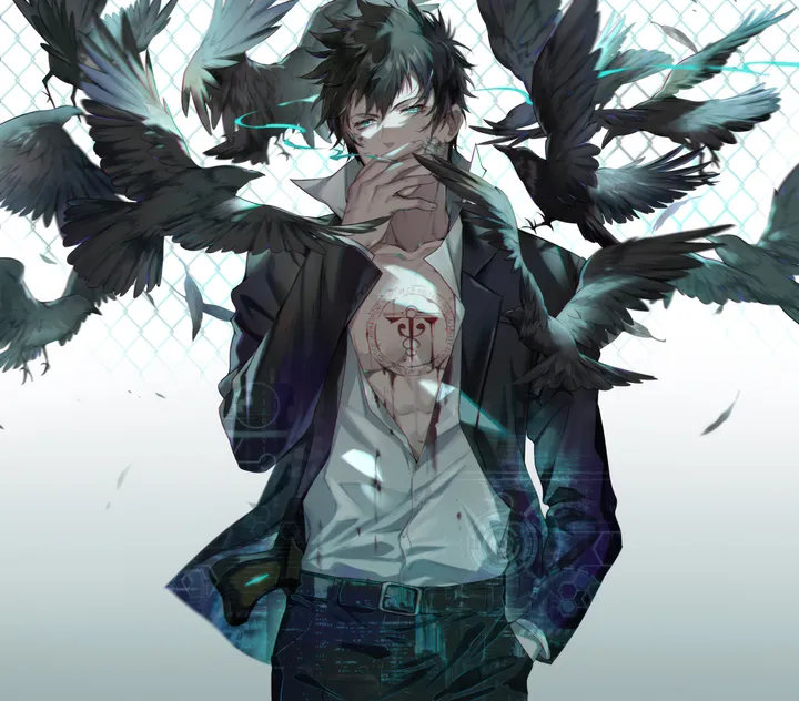1boy,crow,solo,jacket,fence,formal,male_focus,belt,looking_at_viewer,vertical,blue_eyes,blood,shirt,pants,suit,open_clothes,open_shirt,chain-link_fence,bird,black_hair