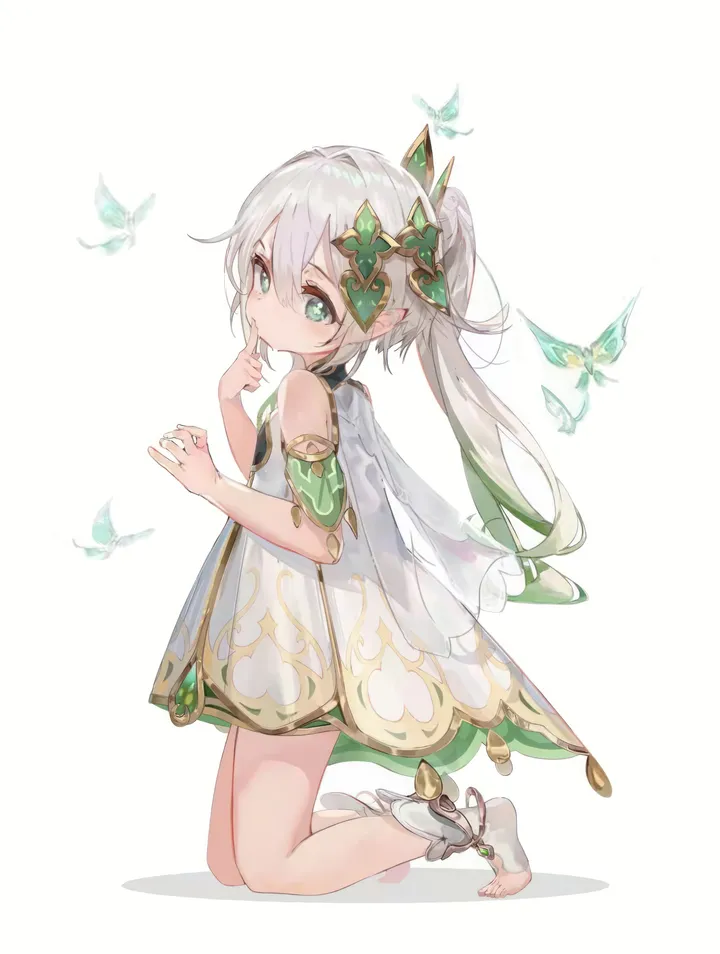 1girl,detached_sleeves,from_side,side_ponytail,full_body,bangs,cross-shaped_pupils,solo,multicolored_hair,hair_ornament,pointy_ears,hair_between_eyes,finger_to_mouth,sleeveless,sleeveless_dress,simple_background,toeless_footwear,gradient_hair,white_hair,white_background,white_socks,white_dress,looking_at_viewer,vertical,symbol-shaped_pupils,green_hair,green_eyes,bug,butterfly,socks,kneeling,dress,long_hair,bare_shoulders