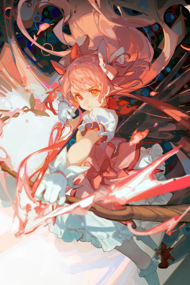 1girl,bangs,solo,kneehighs,twintails,frilled_socks,bow_weapon,gloves,holding_weapon,holding_bow_weapon,holding,weapon,white_gloves,white_skirt,white_socks,looking_at_viewer,short_sleeves,skirt,vertical,pink_hair,pink_eyes,pink_bow,pink_dress,red_bow,red_footwear,frills,puffy_short_sleeves,puffy_sleeves,bow,hair_bow,socks,dress,dress_bow,long_hair,floating_hair,magical_girl