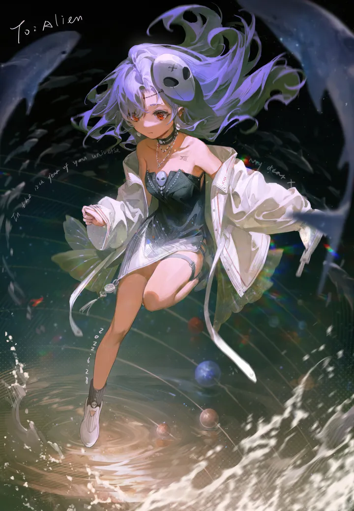 1girl,full_body,bangs,solo,closed_mouth,thigh_strap,jacket,mask_on_head,strapless,strapless_dress,water,ripples,jewelry,white_jacket,white_footwear,looking_at_viewer,vertical,purple_hair,red_eyes,english_text,planet,sleeves_past_wrists,socks,open_jacket,open_clothes,short_dress,dress,collarbone,long_hair,long_sleeves,bare_shoulders,off_shoulder,mask,shoes,choker,collar,necklace,floating_hair,fish,black_socks,black_dress,black_choker