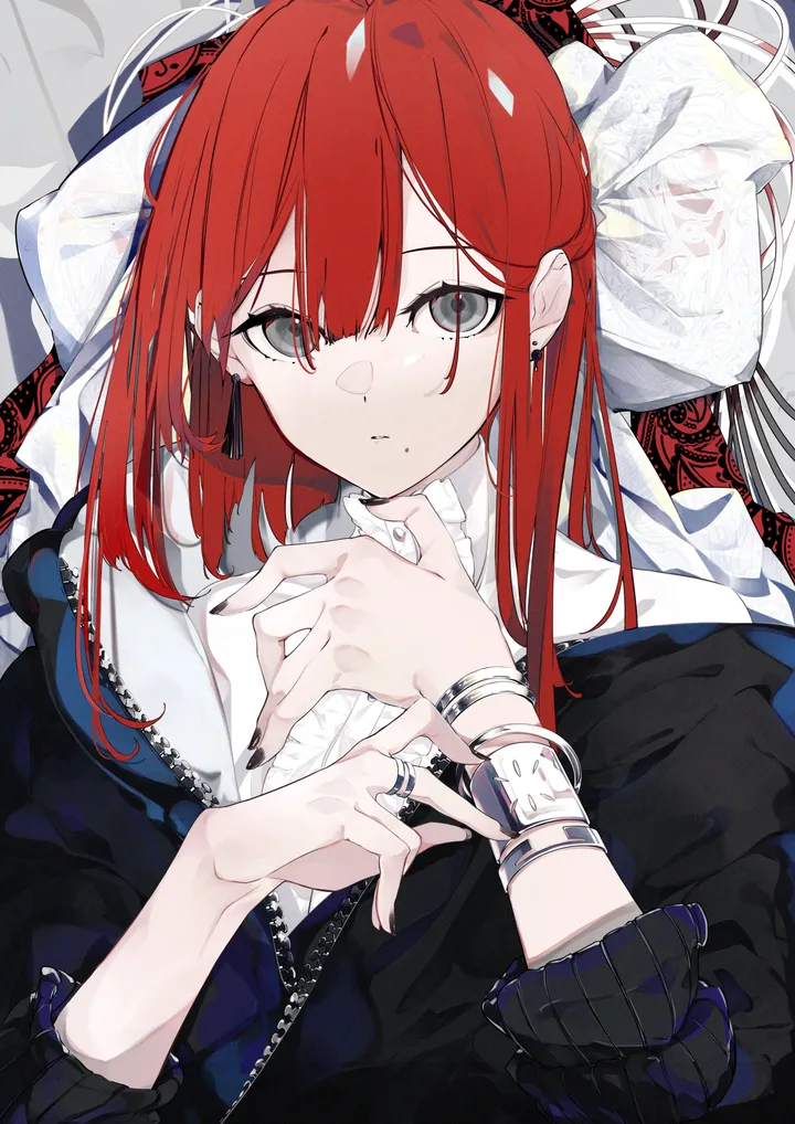 1girl,upper_body,bangs,solo,closed_mouth,jacket,hair_between_eyes,ring,bracelet,wristwatch,zipper,nail_polish,sweater,mole_under_eye,grey_eyes,jewelry,mole,white_shirt,looking_at_viewer,piercing,ear_piercing,vertical,red_hair,mole_under_mouth,earrings,watch,shirt,long_hair,long_sleeves,black_jacket,black_nails