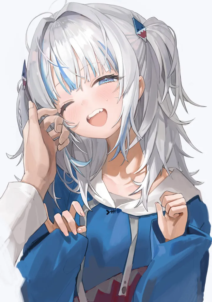 1girl,virtual_youtuber,medium_hair,upper_body,hood,bangs,solo_focus,multicolored_hair,hair_ornament,two_side_up,open_mouth,streaked_hair,simple_background,hood_down,grey_hair,teeth,white_background,looking_at_viewer,vertical,smile,pov,blush,blue_hair,blue_eyes,blue_hoodie,hoodie,collarbone,long_hair,long_sleeves,one_eye_closed,shark_hair_ornament,sharp_teeth