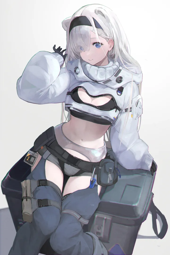 1girl,breasts,cleavage,animal_ears,bangs,solo,feet_out_of_frame,hairband,sitting,hair_over_one_eye,jacket,stomach,very_long_hair,gloves,hand_up,simple_background,grey_shorts,bear_ears,white_hair,white_jacket,white_background,chaps,looking_at_viewer,cropped_jacket,shorts,vertical,navel,blue_eyes,shirt,clothing_cutout,pants,pouch,eyes_visible_through_hair,long_hair,long_sleeves,cleavage_cutout,midriff,crop_top,black_hairband,black_gloves,black_shirt