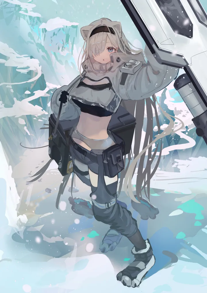 1girl,breasts,cleavage,full_body,animal_ears,bangs,solo,hairband,hair_over_one_eye,jacket,stomach,very_long_hair,parted_lips,gloves,grey_hair,grey_shorts,bear_ears,white_hair,white_jacket,chaps,shield,looking_at_viewer,cropped_jacket,vertical,standing,navel,blue_eyes,shirt,clothing_cutout,pants,pouch,long_hair,long_sleeves,snow,midriff,crop_top,black_hairband,black_gloves,black_shirt