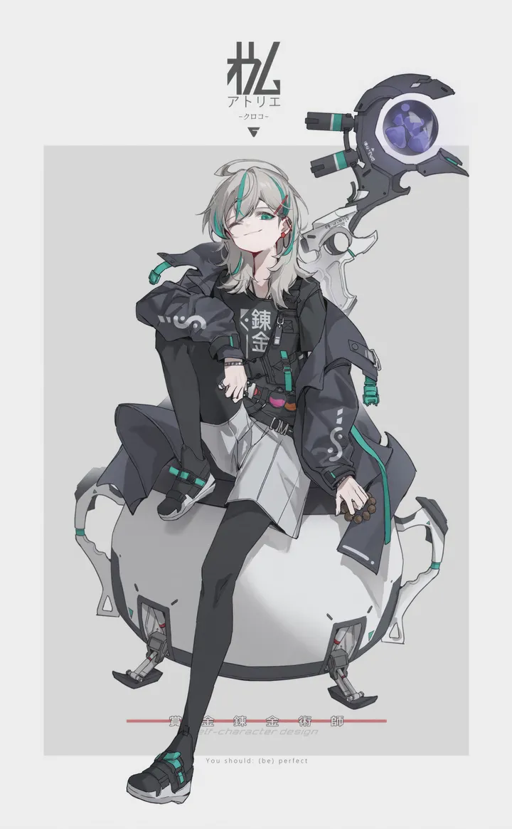 1girl,full_body,bangs,solo,hairclip,ahoge,closed_mouth,sitting,multicolored_hair,hair_ornament,jacket,holding,streaked_hair,aqua_hair,grey_hair,grey_skirt,grey_background,looking_at_viewer,skirt,shorts,vertical,smile,english_text,shirt,sneakers,pantyhose,long_sleeves,one_eye_closed,shoes,black_jacket,black_shirt,black_pantyhose,black_footwear