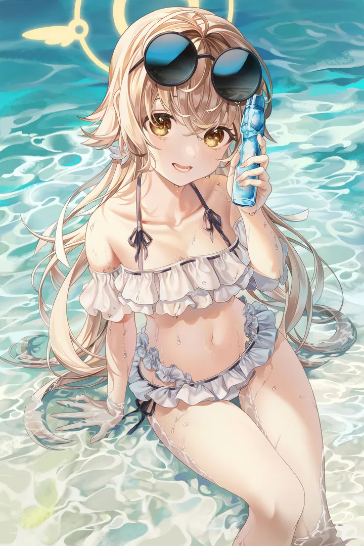 1girl,breasts,low_twintails,bangs,solo,twintails,sitting,sunglasses,thighs,thigh_gap,halo,stomach,open_mouth,very_long_hair,arm_support,holding,bikini,water,ramune,swimsuit,light_brown_hair,teeth,bottle,white_bikini,looking_at_viewer,eyewear_on_head,vertical,smile,halterneck,navel,blush,frills,frilled_bikini,wet,small_breasts,collarbone,long_hair,bare_shoulders,yellow_eyes