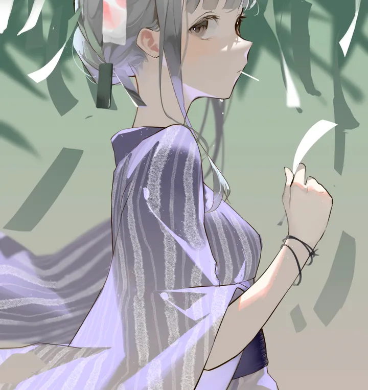 1girl,tanabata,upper_body,from_side,bangs,solo,kimono,hair_flower,hair_ornament,sidelocks,bracelet,holding,japanese_clothes,sash,striped_kimono,yukata,grey_hair,jewelry,looking_to_the_side,looking_at_viewer,vertical,purple_kimono,flower