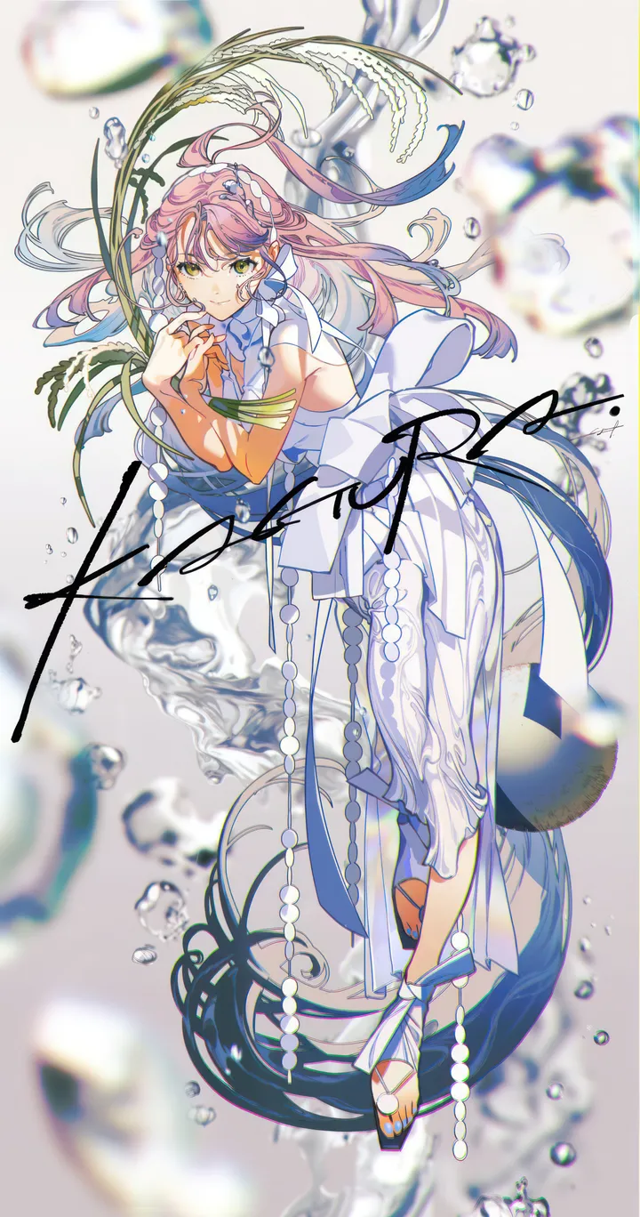 1girl,full_body,sandals,bangs,solo,very_long_hair,nail_polish,sleeveless,depth_of_field,plant,blurry,water,bubble,jewelry,white_dress,looking_at_viewer,vertical,pink_hair,green_eyes,earrings,dress,long_hair,floating_hair,flower,yellow_eyes