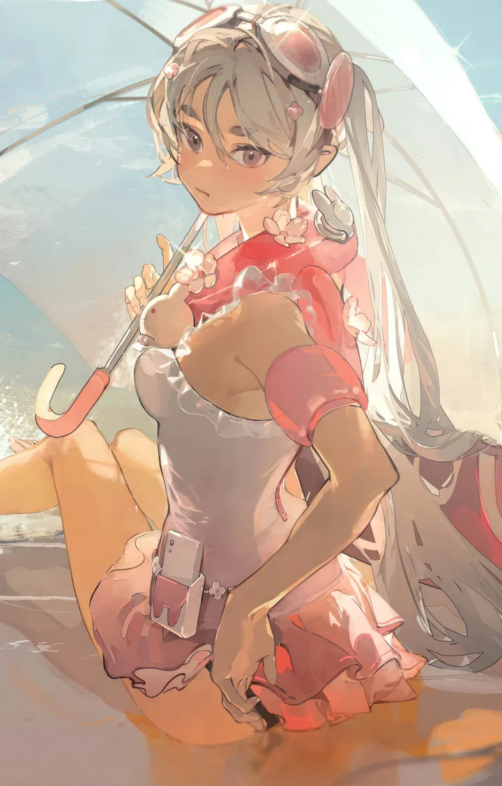 1girl,one-piece_swimsuit,breasts,bangs,solo,twintails,closed_mouth,looking_back,sitting,goggles_on_head,hair_flower,hair_ornament,very_long_hair,outdoors,goggles,holding,holding_umbrella,water,sand,swimsuit,beach,grey_hair,looking_at_viewer,vertical,frills,frilled_swimsuit,casual_one-piece_swimsuit,long_hair,umbrella,flower