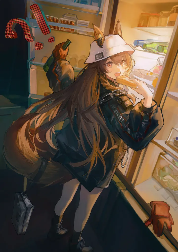 1girl,full_body,animal_ears,bangs,bag,solo,single_glove,eating,looking_back,jacket,official_alternate_costume,indoors,tail,hat,shop,open_mouth,very_long_hair,gloves,holding,holding_bottle,holding_food,ears_through_headwear,holding_bag,brown_hair,dog_girl,dog_tail,dog_ears,bottle,white_headwear,looking_at_viewer,vertical,standing,red_gloves,red_eyes,from_behind,gloves_removed,fang,socks,open_jacket,open_clothes,chain,long_hair,long_sleeves,boots,food,black_jacket,black_socks,black_footwear