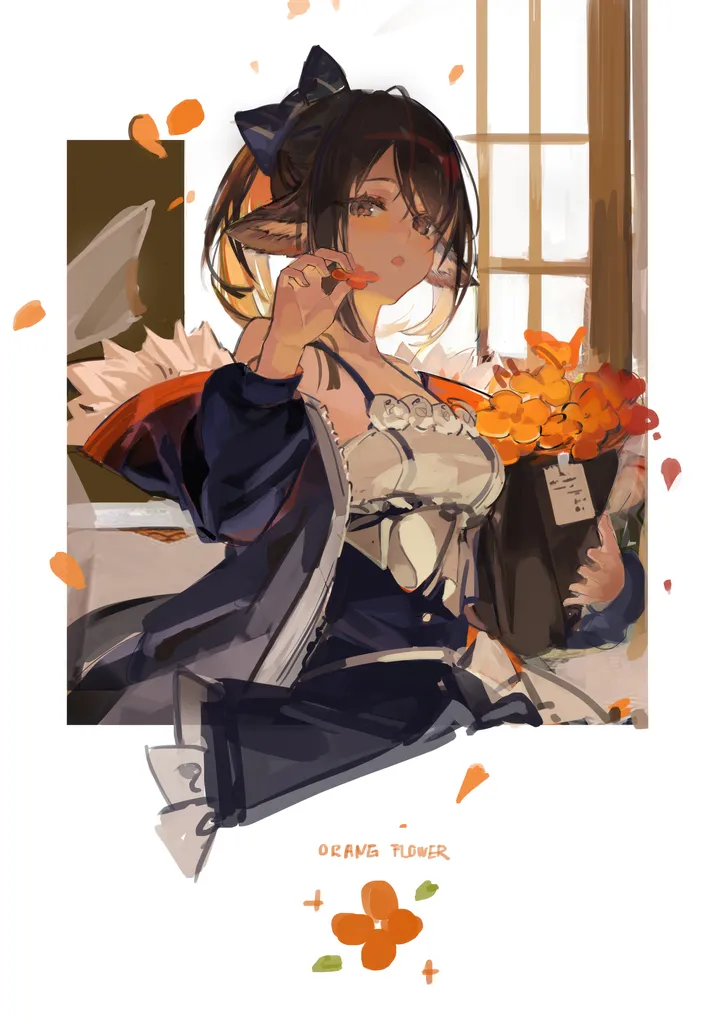 1girl,medium_breasts,breasts,upper_body,animal_ears,bangs,solo,jacket,open_mouth,holding_bouquet,holding,holding_flower,brown_hair,brown_eyes,orange_flower,fur_trim,fur-trimmed_jacket,fox_ears,white_dress,looking_at_viewer,window,vertical,red_flower,bouquet,petals,blue_jacket,blue_bow,bow,hair_bow,open_jacket,open_clothes,dress,long_hair,long_sleeves,bare_shoulders,off_shoulder,ponytail,flower