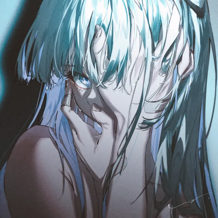 1girl,upper_body,bangs,solo,hands_on_own_face,portrait,hand_on_own_face,simple_background,aqua_hair,looking_at_viewer,eyelashes,vertical,signature,blue_hair,blue_eyes,long_hair,bare_shoulders