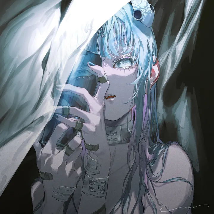 1girl,upper_body,bangs,bandaid,solo,hands_up,open_mouth,ring,bandaid_on_hand,bandaid_on_arm,fingernails,nail_polish,jewelry,looking_at_viewer,eyelashes,vertical,signature,bandages,blue_hair,blue_nails,blue_eyes,chain,long_hair,black_background