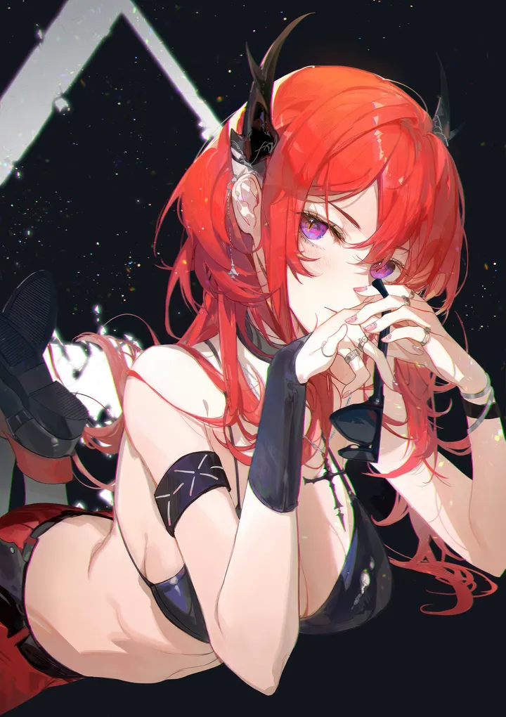 1girl,breasts,cleavage,bangs,cross_necklace,cross,solo,official_alternate_costume,hair_between_eyes,demon_horns,ring,nail_polish,bikini,swimsuit,jewelry,looking_at_viewer,vertical,purple_eyes,red_hair,red_skirt,horns,on_stomach,lying,large_breasts,long_hair,bare_shoulders,choker,necklace,black_bikini,black_background,black_footwear,black_choker