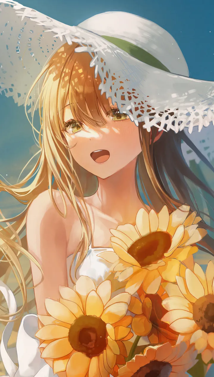 1girl,upper_body,upper_teeth_only,bangs,solo,sunflower,sky,sun_hat,sundress,hat,hair_between_eyes,open_mouth,outdoors,holding,holding_flower,brown_hair,brown_eyes,teeth,day,white_headwear,white_dress,vertical,smile,blush,straw_hat,blue_sky,dress,collarbone,long_hair,bare_shoulders,flower,yellow_eyes,yellow_flower