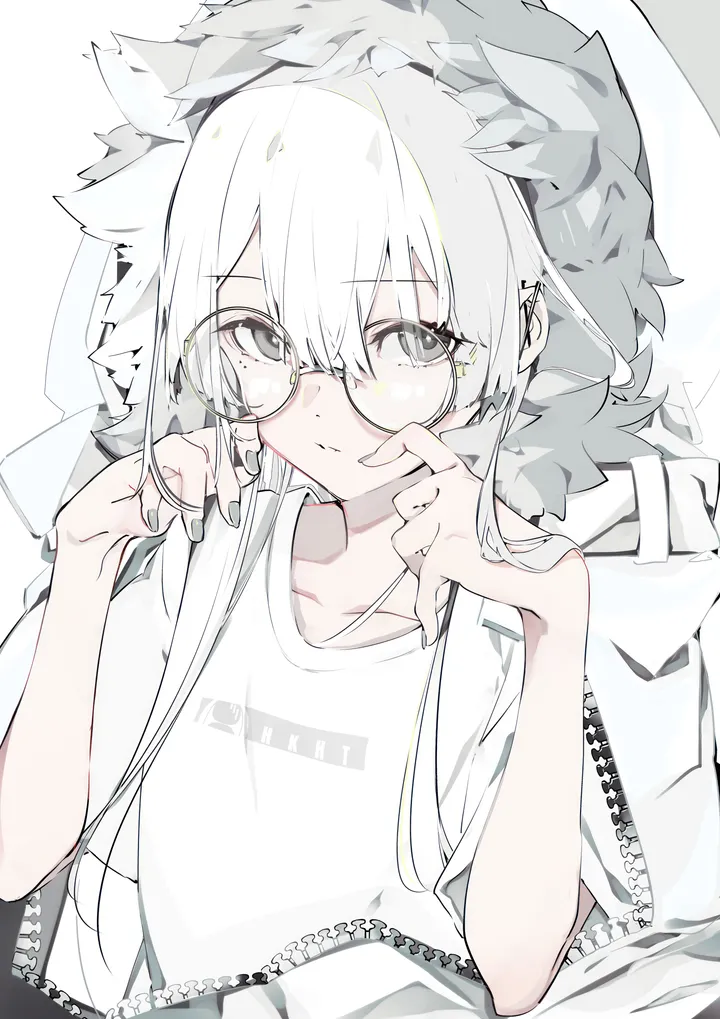 1girl,upper_body,hood,earbuds,bangs,solo,hands_up,closed_mouth,round_eyewear,hair_between_eyes,hood_up,earphones,simple_background,fur_trim,grey_nails,grey_eyes,white_hair,white_background,white_shirt,looking_at_viewer,glasses,short_sleeves,piercing,ear_piercing,vertical,shirt,collarbone