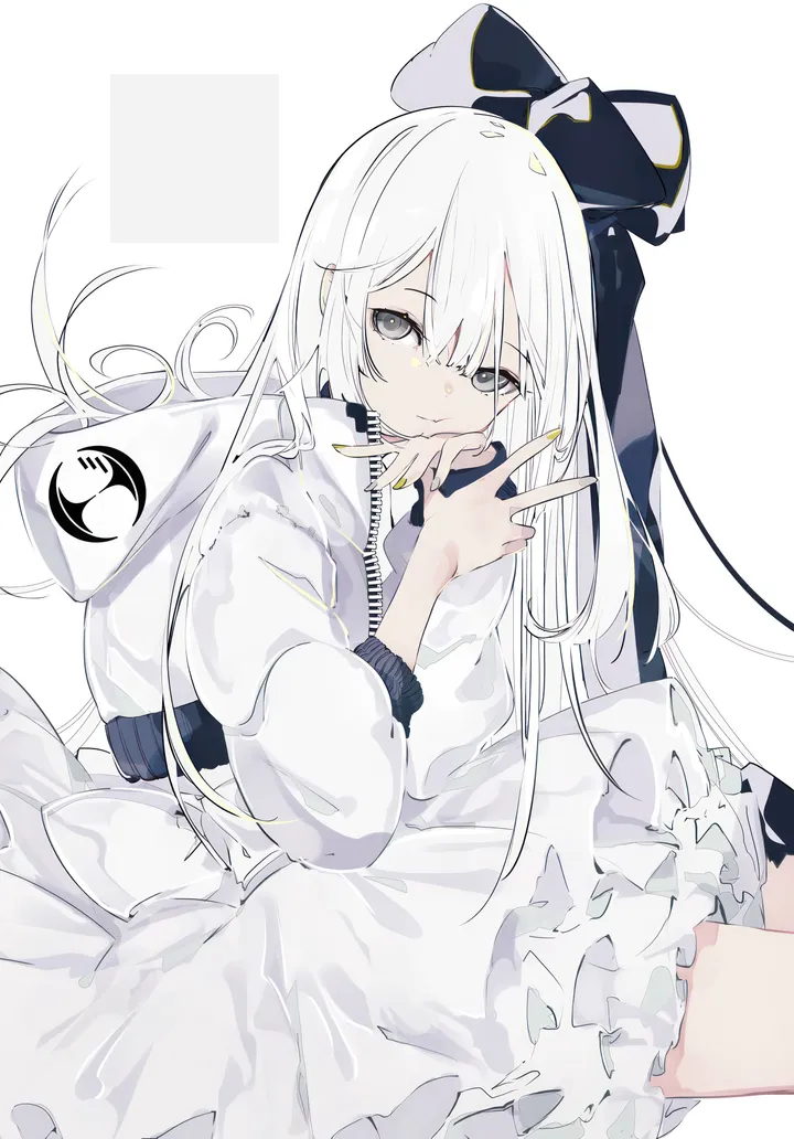 1girl,bangs,solo,closed_mouth,sitting,jacket,hair_between_eyes,zipper,fingernails,nail_polish,simple_background,v,grey_eyes,white_theme,white_hair,white_jacket,white_background,white_dress,looking_at_viewer,vertical,smile,frills,frilled_dress,bow,hair_bow,dress,long_hair,long_sleeves,yellow_nails