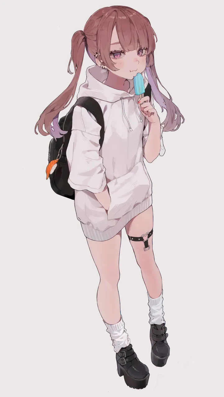 1girl,hood,full_body,popsicle,bangs,bag,solo,backpack,twintails,eating,closed_mouth,thigh_strap,platform_footwear,hand_in_pocket,holding,holding_food,simple_background,brown_hair,hood_down,grey_background,jewelry,white_background,white_socks,white_hoodie,looking_at_viewer,piercing,ear_piercing,vertical,standing,purple_eyes,earrings,socks,hoodie,long_hair,shoes,food,black_footwear