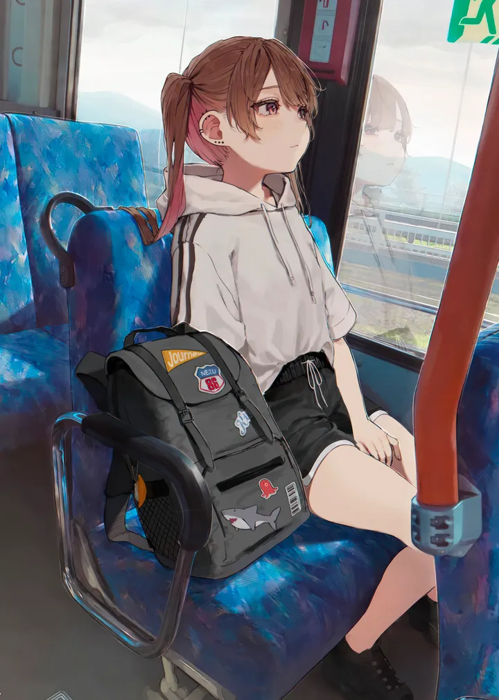 1girl,hood,train_interior,bangs,bag,solo,backpack_removed,backpack,twintails,reflection,closed_mouth,ground_vehicle,sitting,multicolored_hair,brown_hair,brown_eyes,hood_down,jewelry,white_hoodie,short_sleeves,shorts,looking_away,ear_piercing,vertical,short_shorts,earrings,drawstring,socks,hoodie,long_hair,shoes,black_shorts,black_socks,black_footwear