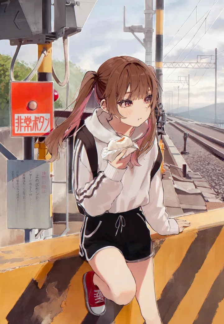 1girl,cloud,hood,bangs,bag,solo,backpack,twintails,eating,closed_mouth,multicolored_hair,sky,outdoors,holding,holding_food,railing,brown_hair,brown_eyes,hood_down,dolphin_shorts,utility_pole,day,white_hoodie,shorts,looking_away,vertical,standing,pink_hair,short_shorts,red_footwear,blush,drawstring,sneakers,hoodie,long_hair,long_sleeves,shoes,food,black_shorts