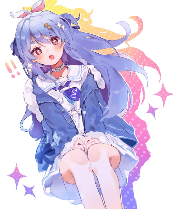 1girl,virtual_youtuber,neckerchief,ribbon,rabbit_ears,animal_ears,bangs,solo,feet_out_of_frame,sitting,hair_ribbon,hair_ornament,jacket,two_side_up,open_mouth,fur_trim,sailor_collar,thick_eyebrows,white_sailor_collar,white_dress,white_choker,looking_at_viewer,vertical,symbol-shaped_pupils,red_eyes,carrot_hair_ornament,blush,blue_hair,blue_jacket,open_jacket,open_clothes,dress,long_hair,long_sleeves,choker,food-themed_hair_ornament