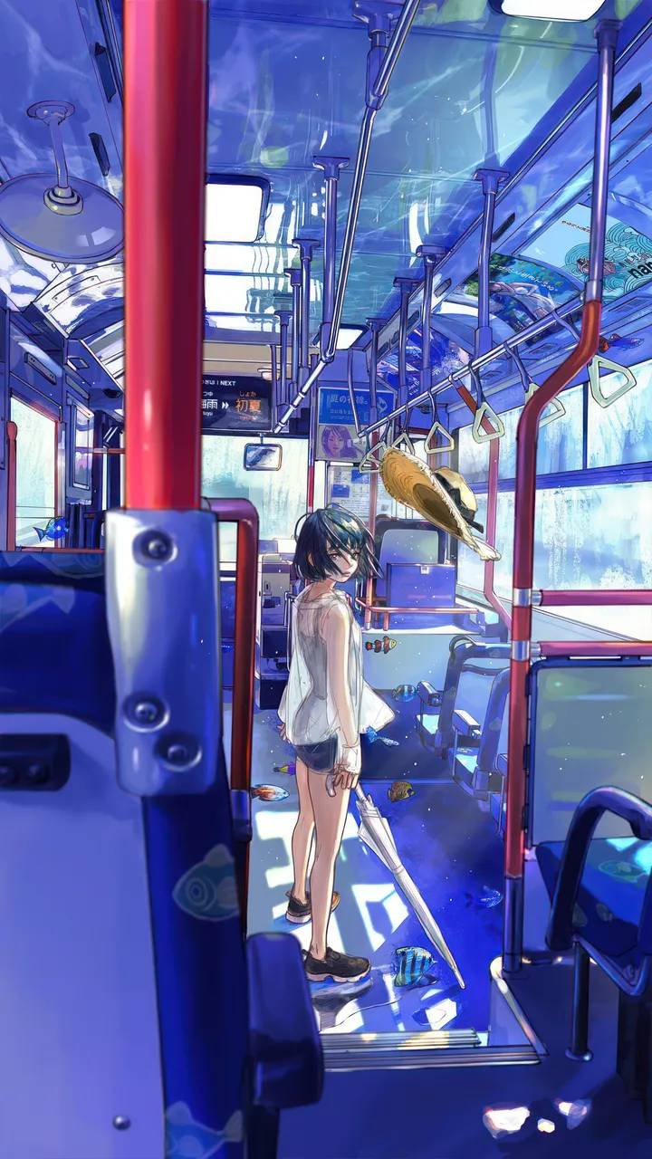 1girl,train_interior,solo,arms_behind_back,reflection,sun_hat,camisole,hat,holding,headwear_removed,hat_removed,short_hair,shorts,vertical,standing,short_shorts,straw_hat,umbrella,shoes,black_hair