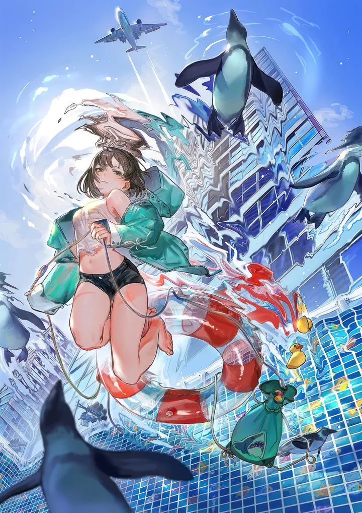 1girl,breasts,solo,sky,jacket,building,outdoors,brown_hair,brown_eyes,water,innertube,looking_at_viewer,short_hair,shorts,vertical,short_shorts,green_jacket,navel,bare_legs,barefoot,midriff,bare_shoulders,airplane,aircraft,shark,whale,bird,black_shorts