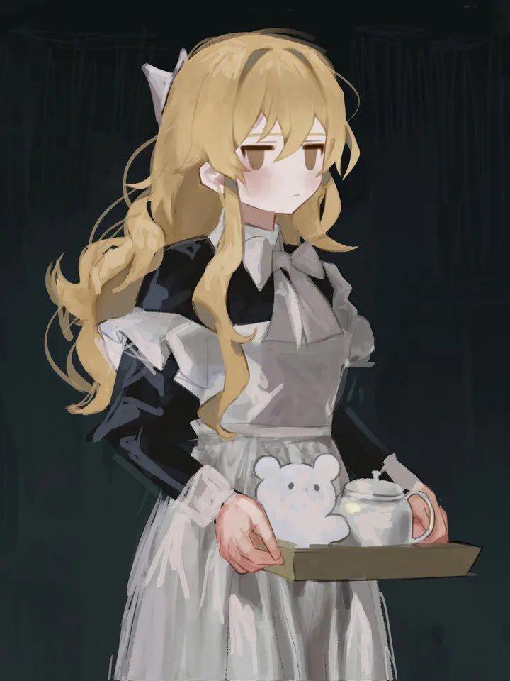 1girl,cowboy_shot,bangs,solo,closed_mouth,apron,maid,maid_apron,hair_between_eyes,tray,holding_tray,holding,expressionless,simple_background,cup,brown_eyes,white_apron,white_bow,white_bowtie,alternate_costume,vertical,blush,teapot,bow,hair_bow,dress,blonde_hair,long_hair,long_sleeves,bowtie,black_background,black_dress