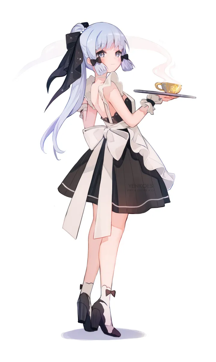 1girl,ribbon,breasts,full_body,bangs,solo,tress_ribbon,looking_back,apron,hair_ribbon,sidelocks,maid,maid_apron,tray,holding_tray,holding,simple_background,cup,grey_eyes,white_background,white_socks,blunt_bangs,looking_at_viewer,alternate_costume,vertical,standing,wrist_cuffs,from_behind,teacup,blue_hair,blue_eyes,bow,hair_bow,socks,dress,long_hair,ponytail,high_heels,black_bow,black_dress,black_footwear