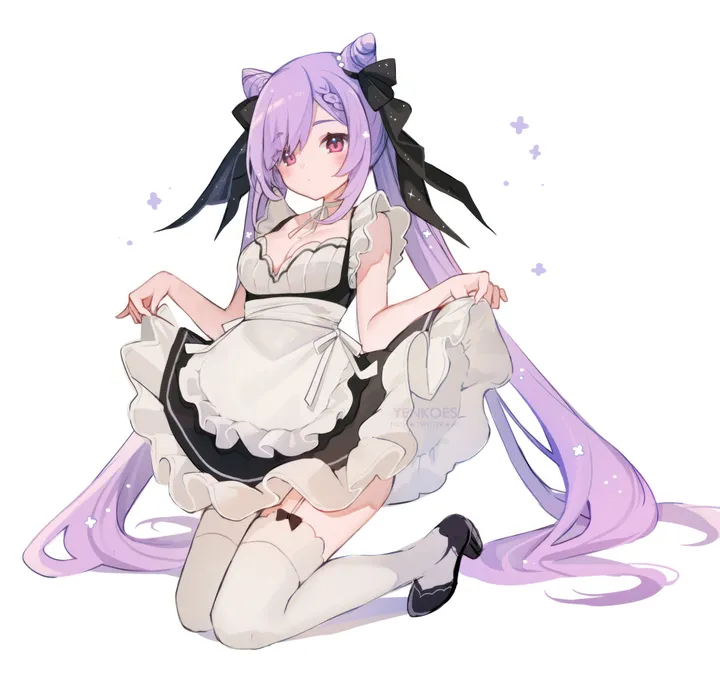 1girl,double_bun,braid,ribbon,medium_breasts,breasts,cleavage,full_body,bangs,solo,twintails,garter_straps,closed_mouth,hair_bun,apron,hair_ribbon,maid,maid_apron,enmaided,very_long_hair,lifted_by_self,skirt_hold,clothes_lift,sleeveless,sleeveless_dress,simple_background,cone_hair_bun,white_apron,white_background,white_thighhighs,looking_at_viewer,alternate_costume,vertical,pink_eyes,purple_hair,purple_eyes,blush,frills,frilled_dress,bow,hair_bow,kneeling,thighhighs,dress,long_hair,shoes,high_heels,black_dress,black_footwear