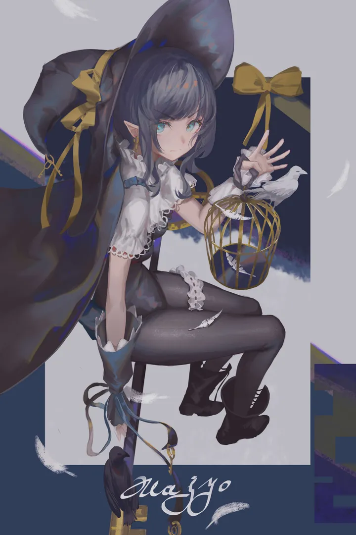 1girl,bangs,solo,closed_mouth,sitting,witch_hat,pointy_ears,hat,jewelry,looking_at_viewer,vertical,cage,feathers,earrings,blue_eyes,bow,pantyhose,birdcage,black_hair,black_headwear,black_pantyhose