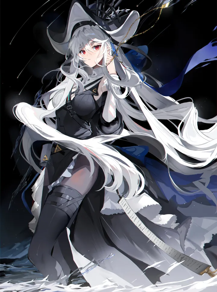 1girl,detached_sleeves,medium_breasts,breasts,bangs,solo,feet_out_of_frame,hat,hair_between_eyes,very_long_hair,pelvic_curtain,water,grey_hair,white_hair,looking_at_viewer,vertical,red_eyes,thighhighs,dress,pantyhose,long_hair,long_sleeves,bare_shoulders,holding_jewelry,black_headwear,black_background,black_dress,black_pantyhose