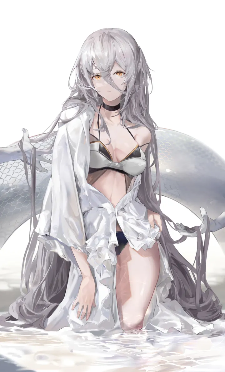 1girl,medium_breasts,breasts,cleavage,bangs,solo,closed_mouth,thighs,tail,hair_between_eyes,very_long_hair,simple_background,bikini,water,swimsuit,wading,grey_hair,white_background,looking_at_viewer,vertical,collarbone,long_hair,long_sleeves,bare_shoulders,off_shoulder,choker,yellow_eyes,black_bikini,black_choker