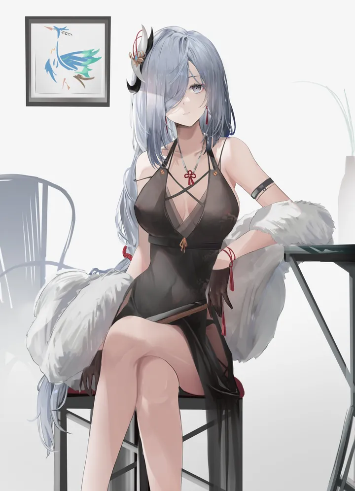 1girl,braid,breasts,cleavage,crossed_legs,bangs,solo,feet_out_of_frame,closed_mouth,sitting,thighs,hair_ornament,hair_over_one_eye,very_long_hair,hand_fan,gloves,sleeveless,sleeveless_dress,grey_hair,grey_eyes,jewelry,white_background,looking_at_viewer,alternate_costume,vertical,feather_boa,earrings,blue_eyes,large_breasts,dress,collarbone,long_hair,covered_navel,bare_shoulders,necklace,black_gloves,black_dress